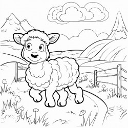 a sheep walking in a pathway outline lineart coloring book 2d cartoon character