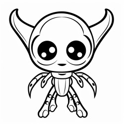 alien animal with 4 legs and 4 arms with wings and twinkling cute eyes white background kids colouring pageno shadows