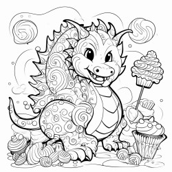 a dragon exploring a whimsical world made of candy thick black lines white background