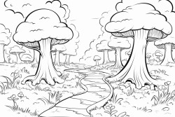 forest path with long trees and with leaves falling around them and some mushrooms coloring pages for kids cartoon style thick lines low details black and white no shading