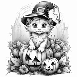 cute halloween scene cat with hat sitting on a big carved pumpkin detailed