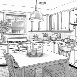 a 70s style kitchen where someone is eating breakfast with biscuits and gravy