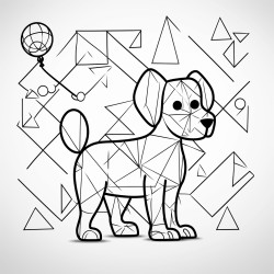 balloon animal dog in forground and large triangles behing the dog as a background
