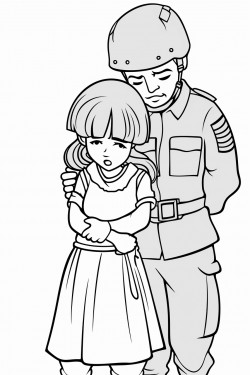 a poor girl that is held hostage by a soldier the girl has her hands tied behind her back and a tape on her mouth