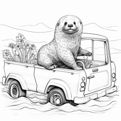 sea otter riding in the back of a pickup truck