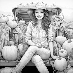 adult woman in jeans and check shirt sitting on a hay wagon which ist loaded with different pumpkins anime style
