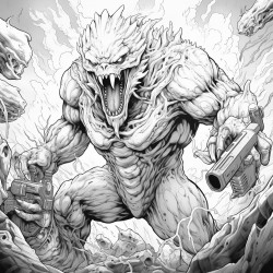 monster made of lava shooting a lava minigun