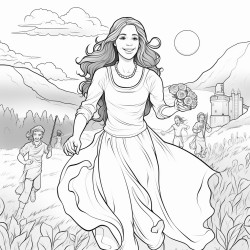a girl with long hair running in the countryside with a slice of pizza in one hand and a dumbbell in the other she is wearing a brides veil and in the distance you can see a group of girls behind her smiling and waving
