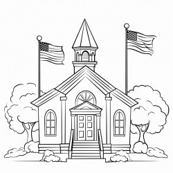 a two story country school house a flag pole to the left and bell tower stairs to 2nd floor