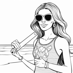 skinny woman at beach wearing bikini sunglasses holding drings