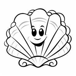 the illustration should be in super simple black and white bold line art with a clear mostly empty background includes only outlines with no filled in black areas ensuring no shading no complex images and making it very easy to color in between the lines a cute clam in the ocean