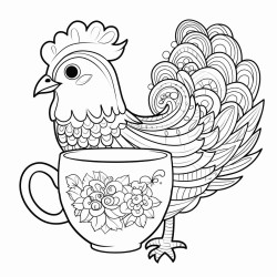i want a picture of a hen sitting inside of a mug of tea the full mug must be in the picture