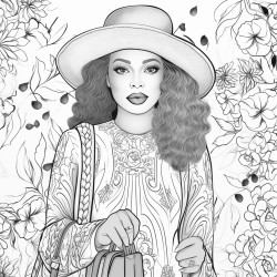 african american woman in fall clothes with pocketbook hat jewelry and makeup with floral background coloring page