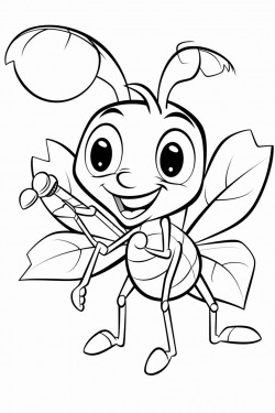 cartoon ant with cute face carrying a leaf