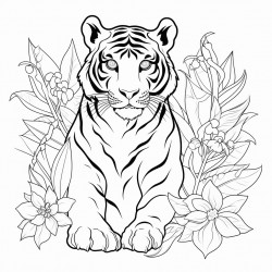 big tiger with tropical leaves or flowers