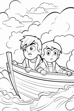 worried boys working in a big boat with a big storm