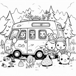 kids in camper van parked in a forest with wild animals around it