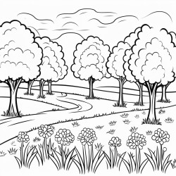 make me a drawing page of trees and a field with flowers
