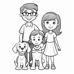 five year old girl with braids and glasses standing next to her mom dad and a beagle