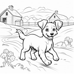 a dog running on a farm with nature in the surroundings