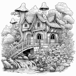 cottage in the woods with stream and birds intricate patterns