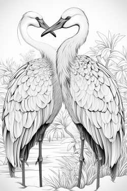 two white cranes facing each other with heads held high and wings open