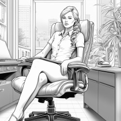 1 elf woman wearing short shorts sitting in office chair in executive apartment facing viewer