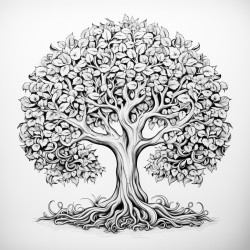 create a magical tree with mandla pattern on it and zentangle nature art with thick lines