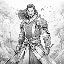 fierce and friendly asian hero with long flowing hair robes lotus in one hand sword in the other handsome full body