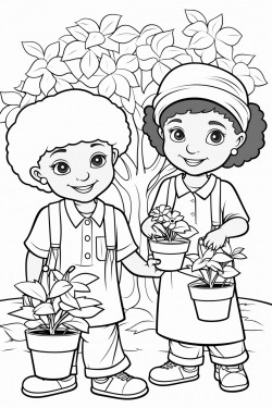 professional sketch drawing of african boy and a girl chlid planting trees in the forest for coloring book coloring page