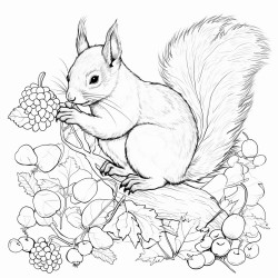 create a blackandwhite coloring page of squirrels gathering nuts the squirrels should have bold outlines some holding or reaching for acorns include simple details like fallen leaves or tree branches but keep the design uncluttered with large spaces