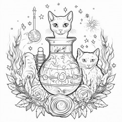 evil eye cauldron cat moon phase herbs potion bottles protection symbols triple moon
