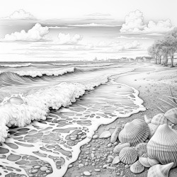 ocean calm  a beach scene with gentle waves and seashells on the shore