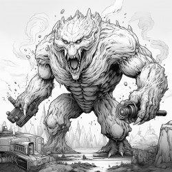 monster made of lava shooting a lava minigun