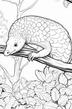 sunda pangolin climbing a tree in a forest its long tail wrapped around a branch with vines and leaves in the background