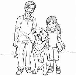 five year old girl with braids and glasses standing next to her mom dad and a beagle