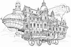 steampunk airship in the sky hovering over victorian buildings