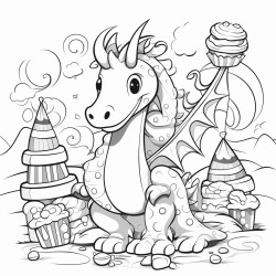 a dragon exploring a whimsical world made of candy thick black lines white background