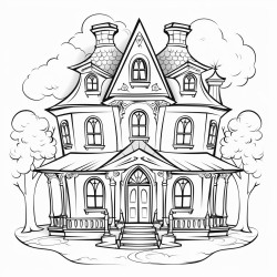 image with black lines on a white background a haunted house with glowing windows outlined in spooky large coloring book style no solid fill ample white space for easy coloring ideal for kids coloring books enhanced line clarity