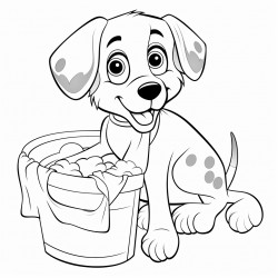 puppy playing in a laundry basket of clothes with washer and dryer in the background