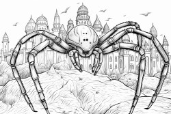 large detailed spider towering over school