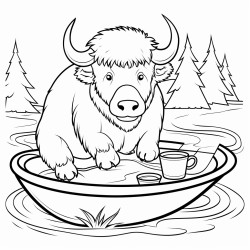 bison drinks coffee in a raft