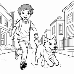 a dog running towards a boy japan street