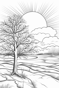 winter tree scene with the sun shining and sun rays
