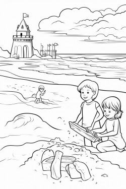 beach scene with sandcastles seashells and crabs and kids playing