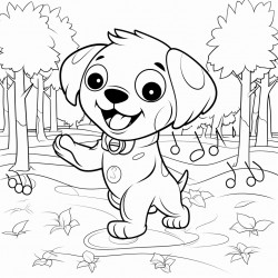a dog dancing with music notes in a forest