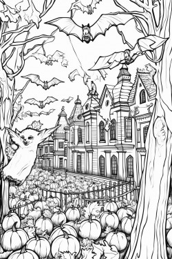 halloween creatures trick or treating on a crispy fall day with street lights and bats and leaves falling