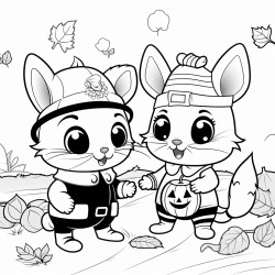 a cozy cute scene of 2 animal friends trickortreating on halloween