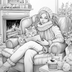 4a woman in a cozy chair by a fireplace a cat in her lap while she sips her tea