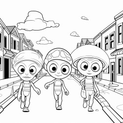a group of aliens standing in the middle of a street